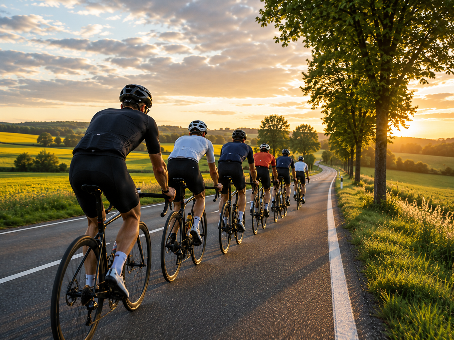Rennradgruppe auf einer Landstraße im Morgenlicht